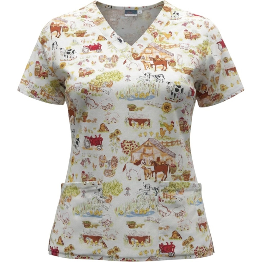 SCRUBS Farm nurse  medical Top Medium V-Neck Barn Horse Cow Tractor  vintage